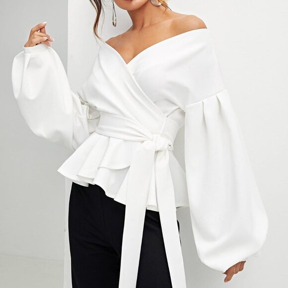 White Preppy Women Lantern Sleeve Surplice Belted Peplum Off The Shoulder Blouse - Picture 1 of 4